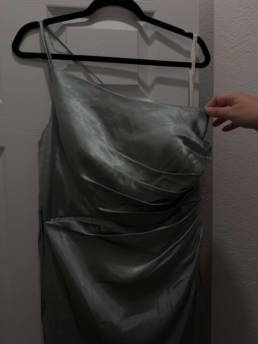 NEVER USED One-Shoulder Satin Evening Dress in Shimmery Sage